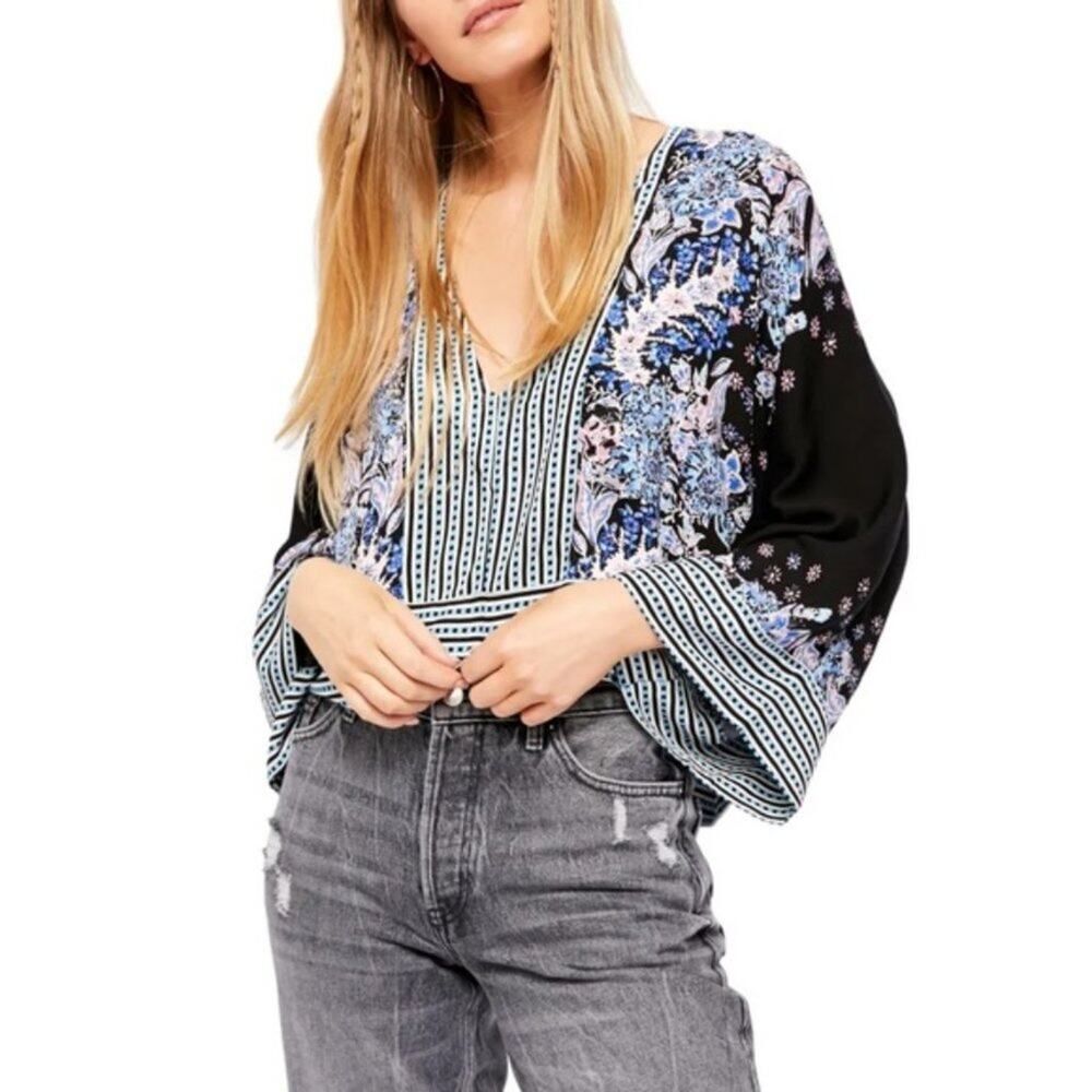 Free People Mix N Match Black Blue Floral Stripe Blouse Size XS